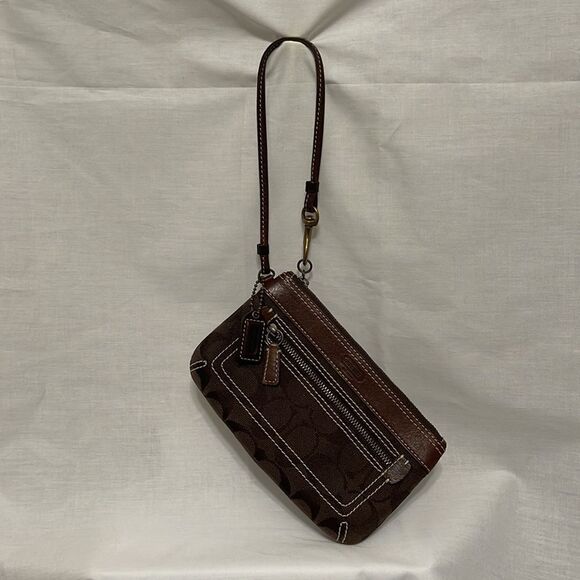 Coach Brown Signature Canvas Leather Trimmed Wristlet Small Purse - Picture 13 of 13